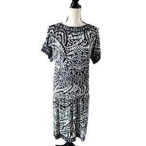 Chico's Black & Ivory Paisley Slinky Knit Drop Waist Midi Dress S/S Sz 0 or S